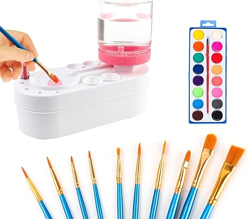 Juego de enjuagues de pincel, limpiador de pinceles con 10 pinceles y 16 colores de pintura de acuarela, limpiador de bolígrafos con drenaje de