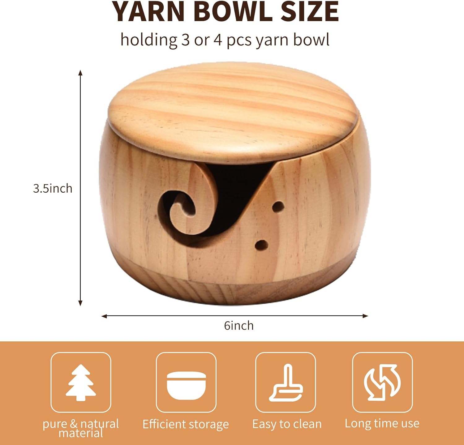 Wooden Yarn Bowl Crochet Knitting Yarn Bowl with Lid Yarn Storage with Holes Handmade Craft with Storagebag for DIY Knitting Crocheting Mothers Day Gift 6" x 3.5"