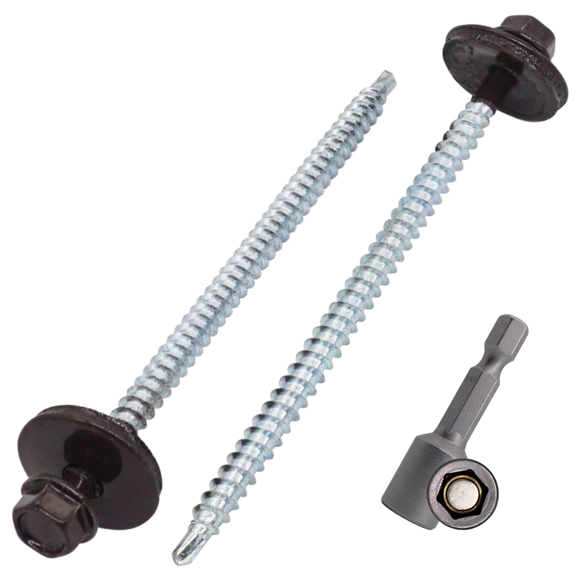SKIR'CO (100 Stück) lackierte Dachschrauben 4,8 x 100 mm, Sechskantkopf, selbstbohrende Schrauben mit EPDM-Unterlegscheiben (Graubraun, RAL 8019)