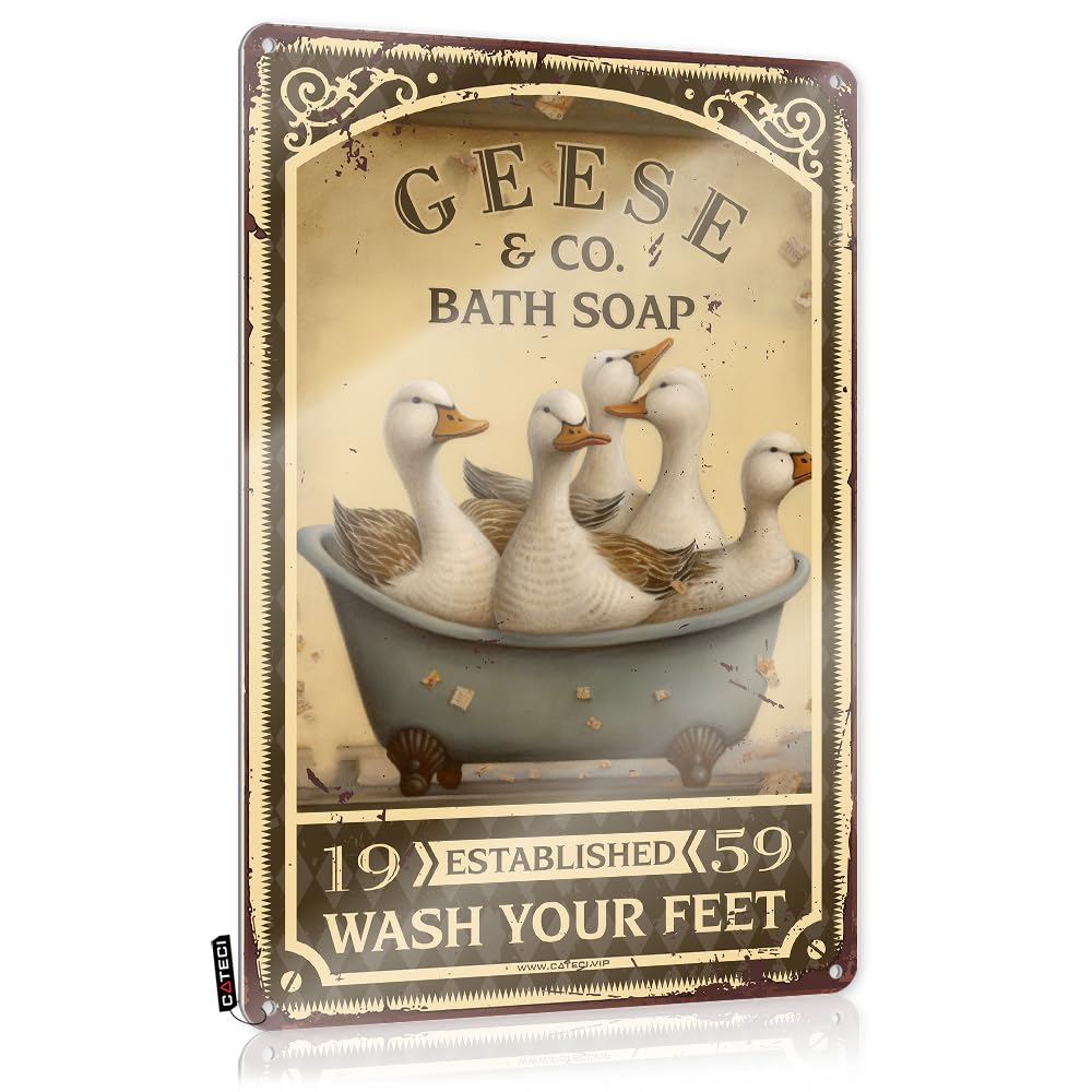 Fzfn Colour Plaque Cottage Vintage Wall Art, Backyard Decor Retro Waterproof Tin Sign For Home Bar | 8X12 Inch Geese Bath Soap Wash Your Paws Perfect For Checkout Decor(20X30cm)