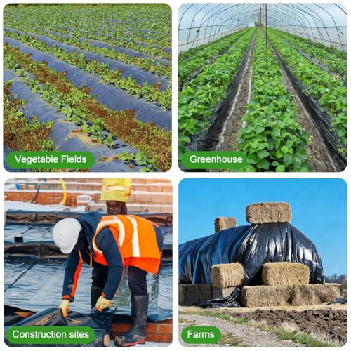 NUTKIT 2 x 3M Gewächshausfolie Schwarz, 580G Polyethylen Folie, 3.15Mil Baufolie, Abdeckfolie Plastikfolie Polyethylenfolie Reißfest＆Wasserdicht für Gartenarbeit Tomatenhaus Treibhaus Folientunnel