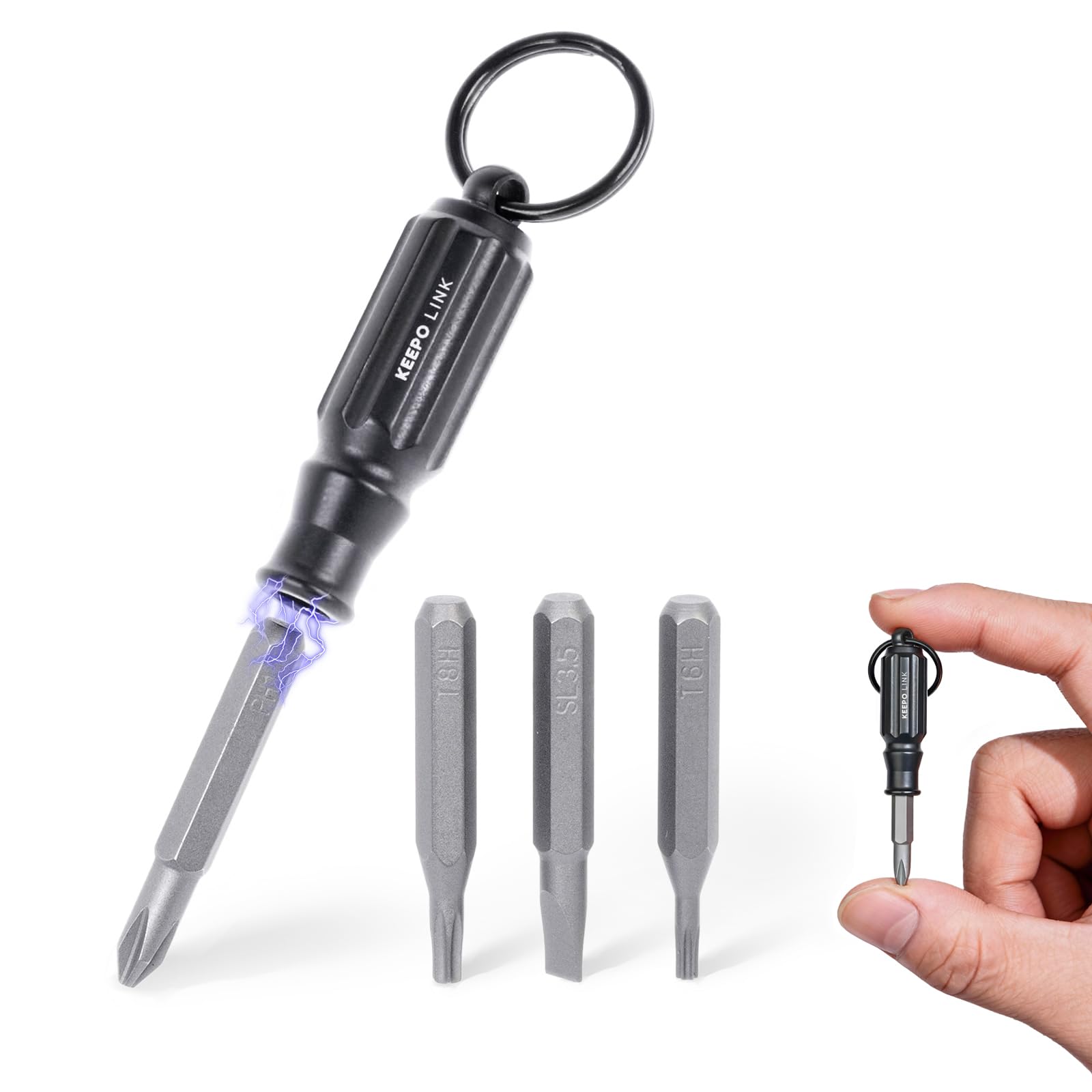 KEEPO LINK Small Screwdriver Set with 4 Magnetic Bits (PH1, SL3.5, T6H, T8H), Titanium Mini Torx Screwdriver Keychain, Precision Screwdriver Torx Bit Set for Everyday Carry (Matte Black)