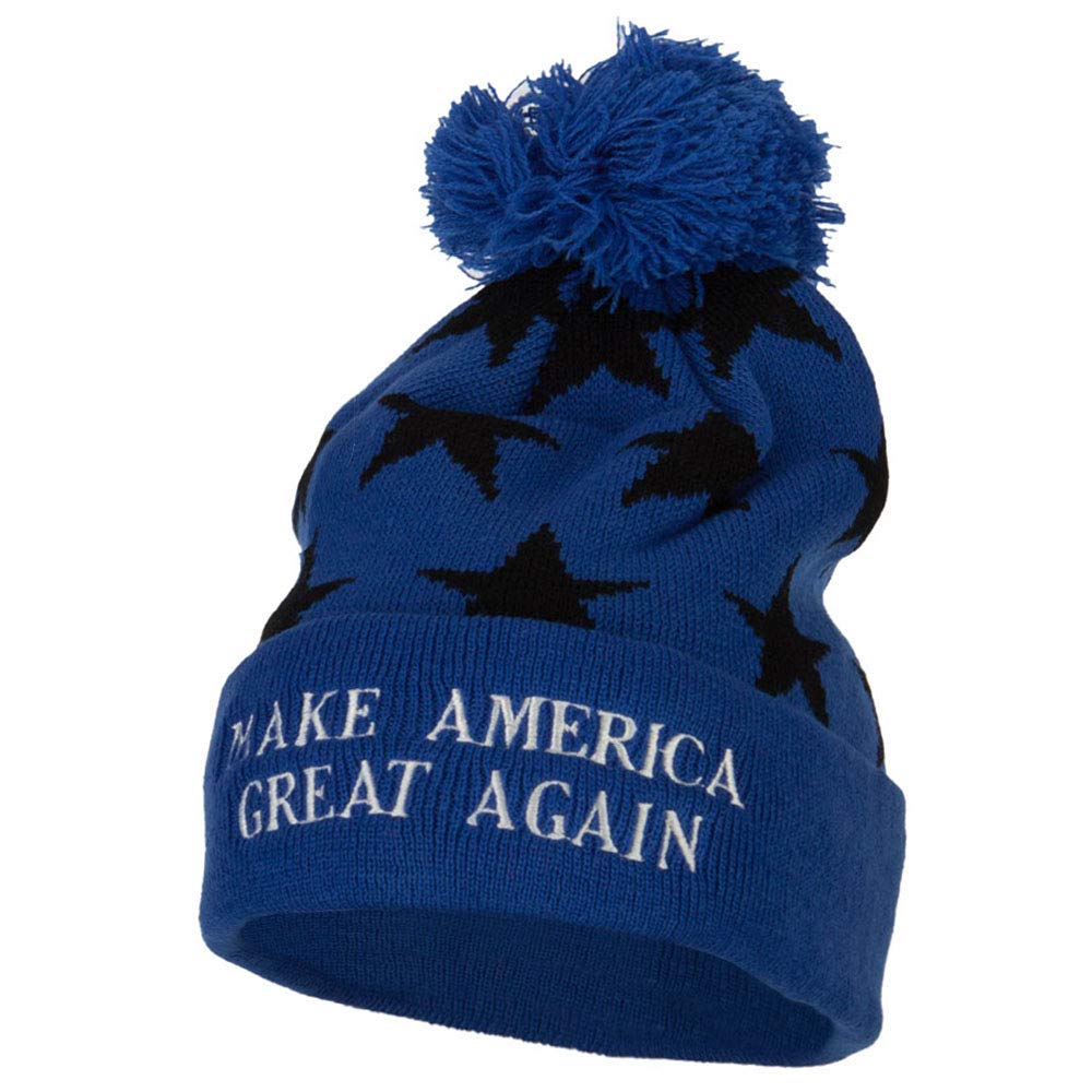 E4hatscom Make America Great Again Embroidered Pom Knit Long Beanie - Blue OSFM