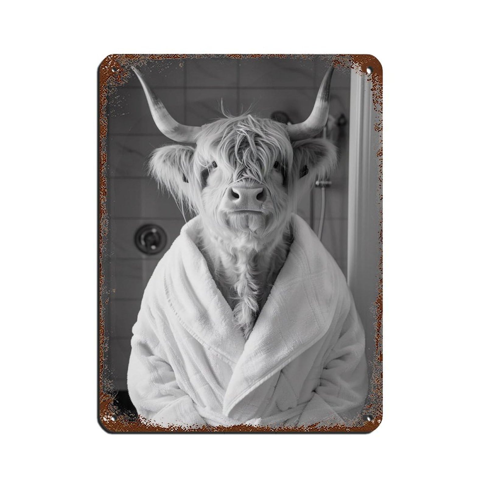 Highland Cow in A Bathrobe, Funny Bathroom Art (3) Retro Poster Metal Tin Sign Chic Art Retro Iron Painting Bar People Cave Cafe Family Garage Poster Wall Decoration 12x16inch(30x40cm)