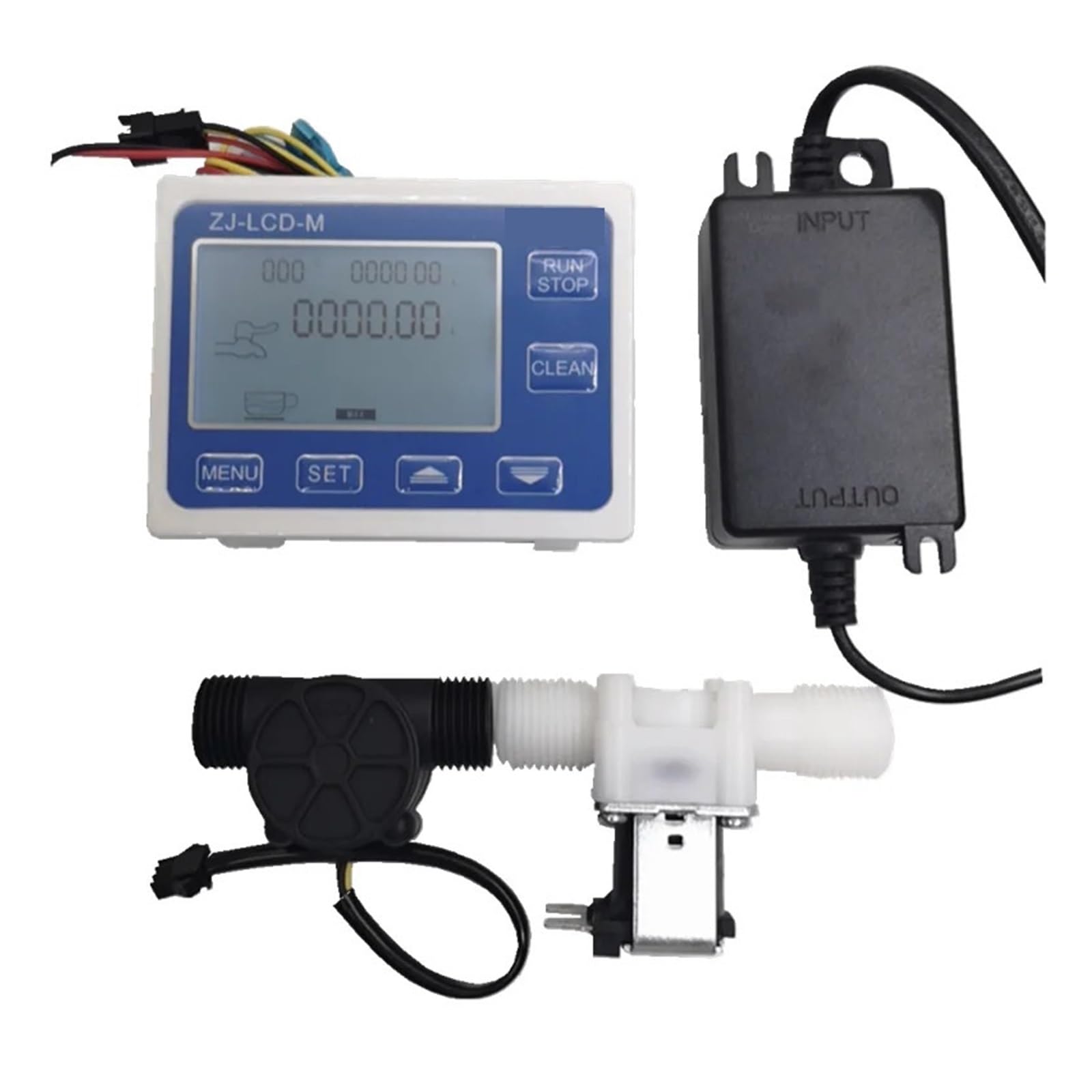 Conjunto de controlador de flujo de agua pantalla LCD + válvula solenoide + Sensor de flujo medidor contador indicador lector Largo tiempo de trabajo(With power charger)