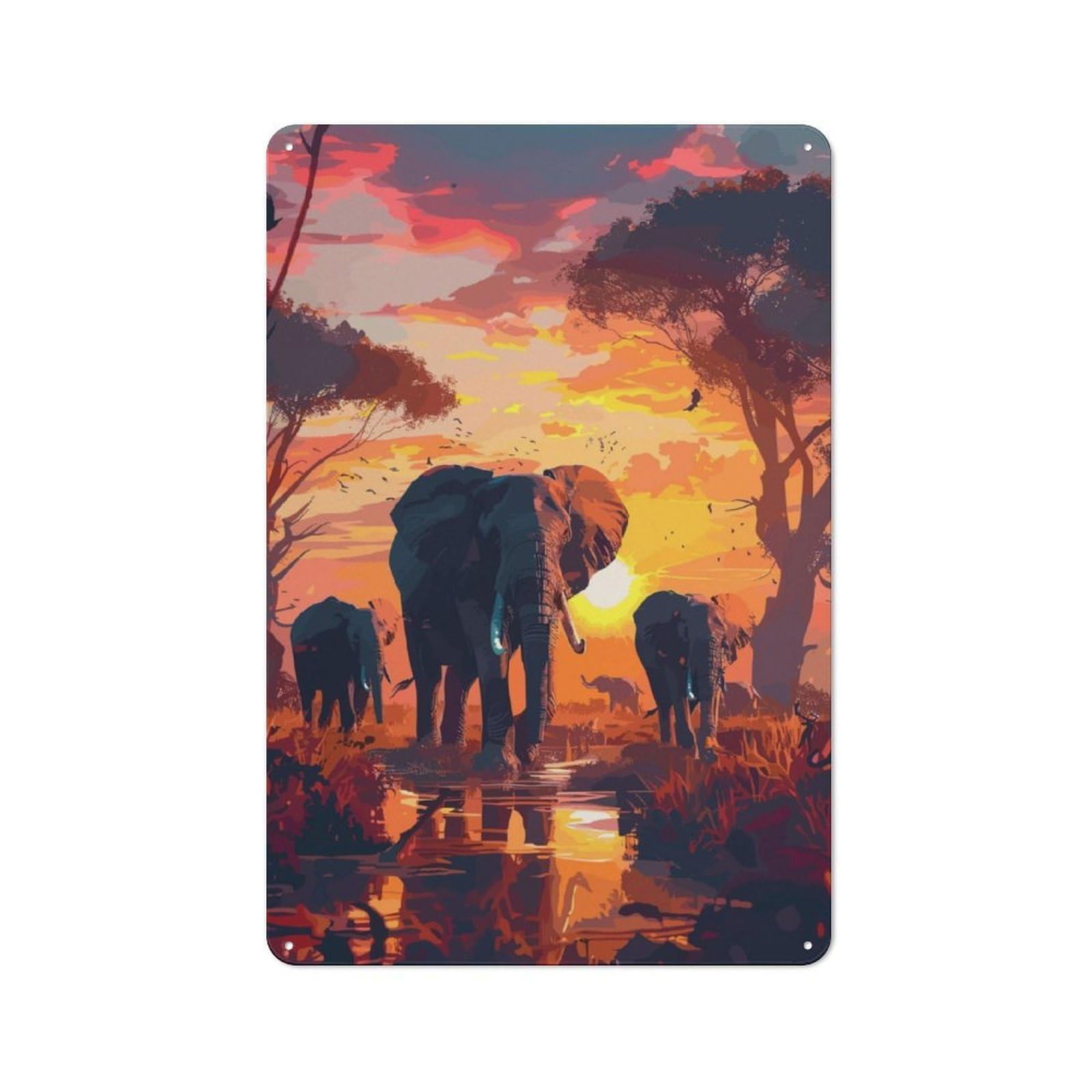 Junmoney Elephants Sunset Savanna Metal Wall Sign 30X20cm Featuring For Garage Wall, For Kitchen, Dining Room And Home Bar Wall Decor