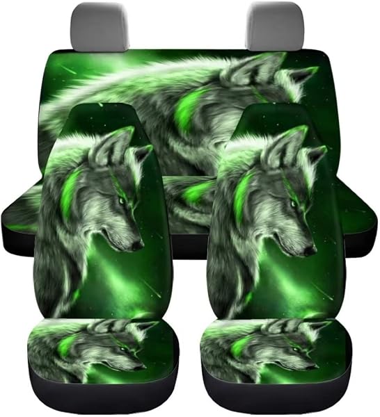 chaqlin Galaxy Green Wolf Auto Sitzbezug Set,4 Pcs Universal Auto Vordersitzbezüge Tier Wolf Hinter Split Bank Sitzkissen Pads für Damen Herren Auto Innenraum Sitzbezüge Zubehör Dekorativ - 1