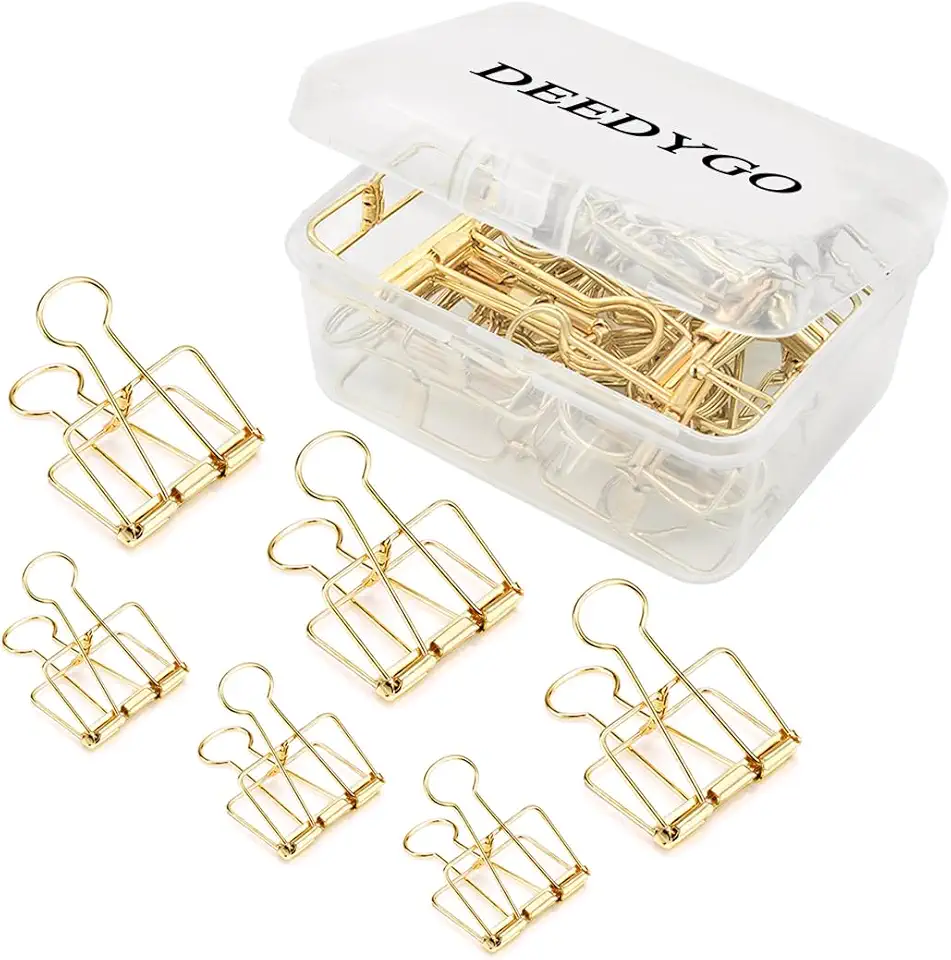 DEEDYGO 20 Pieces Gold Wire Binder Clips Assorted Sizes Stainless Steel Hollow Binder Clips Clamps for Paperwork, Sewing, Crafts, Kids, Teacher, Office School Supplies, Food Packages (10 M +10 S)