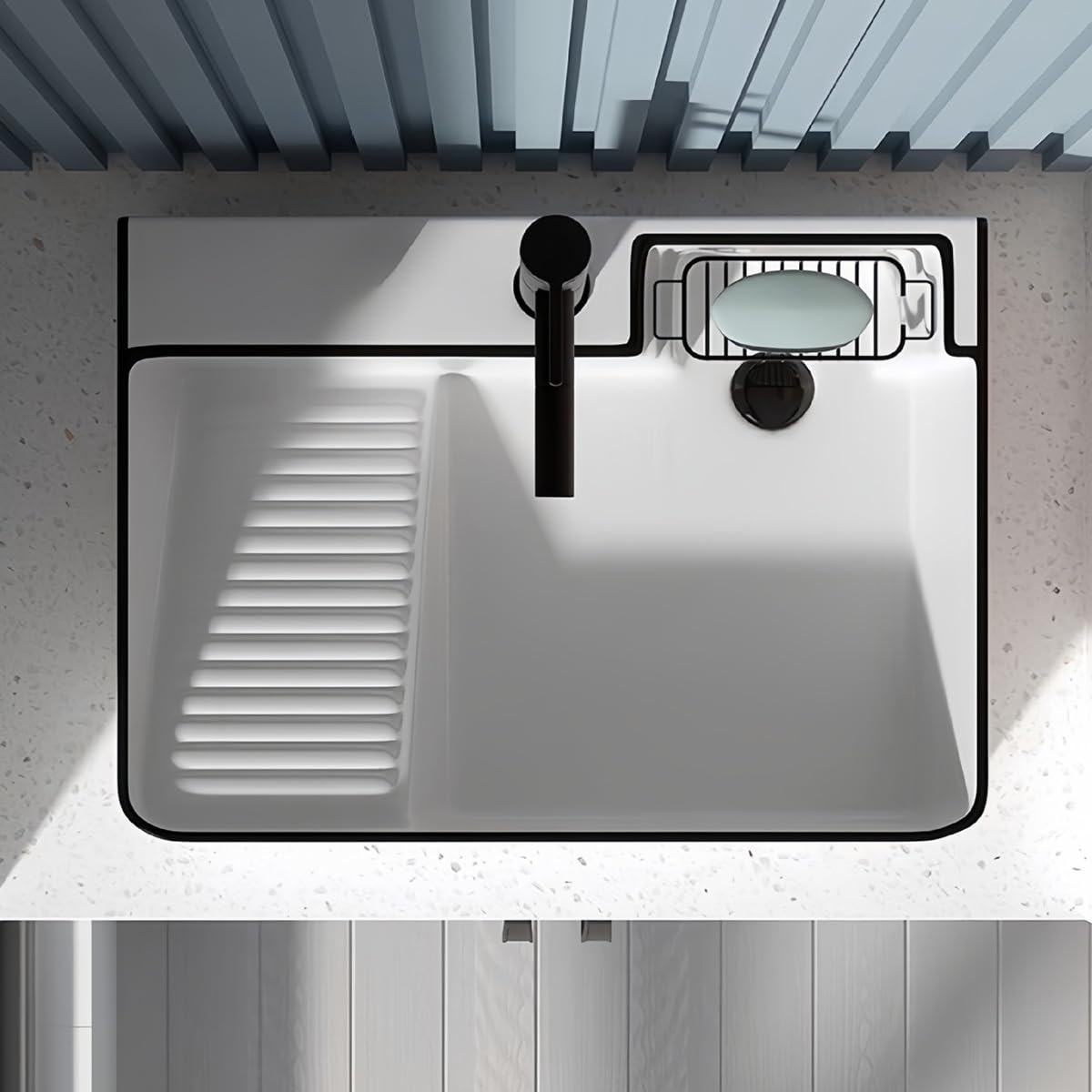 Fregadero de lavadero de baño Rectangular de cerámica, Bañera De Lavandería De Balcón con Tabla De Lavar, Grifo Y Desagüe Emergente(White,510x405x155mm)