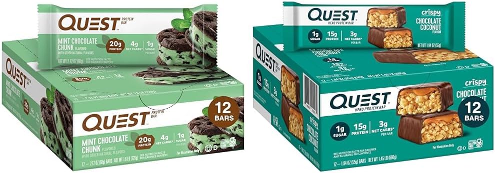 QuestProtein Bars Bundle - Mint Chocolate Chunk (12 Count) and Chocolate Coconut Hero (12 Count)
