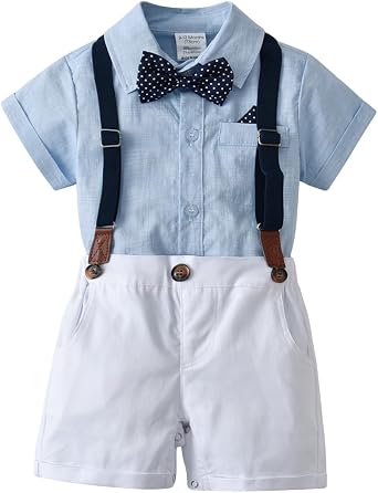 Boarnseorl Baby Boys Gentleman Outfits Suits, Infant Shirt+Shorts+Bow Tie+Suspenders Clothes Set