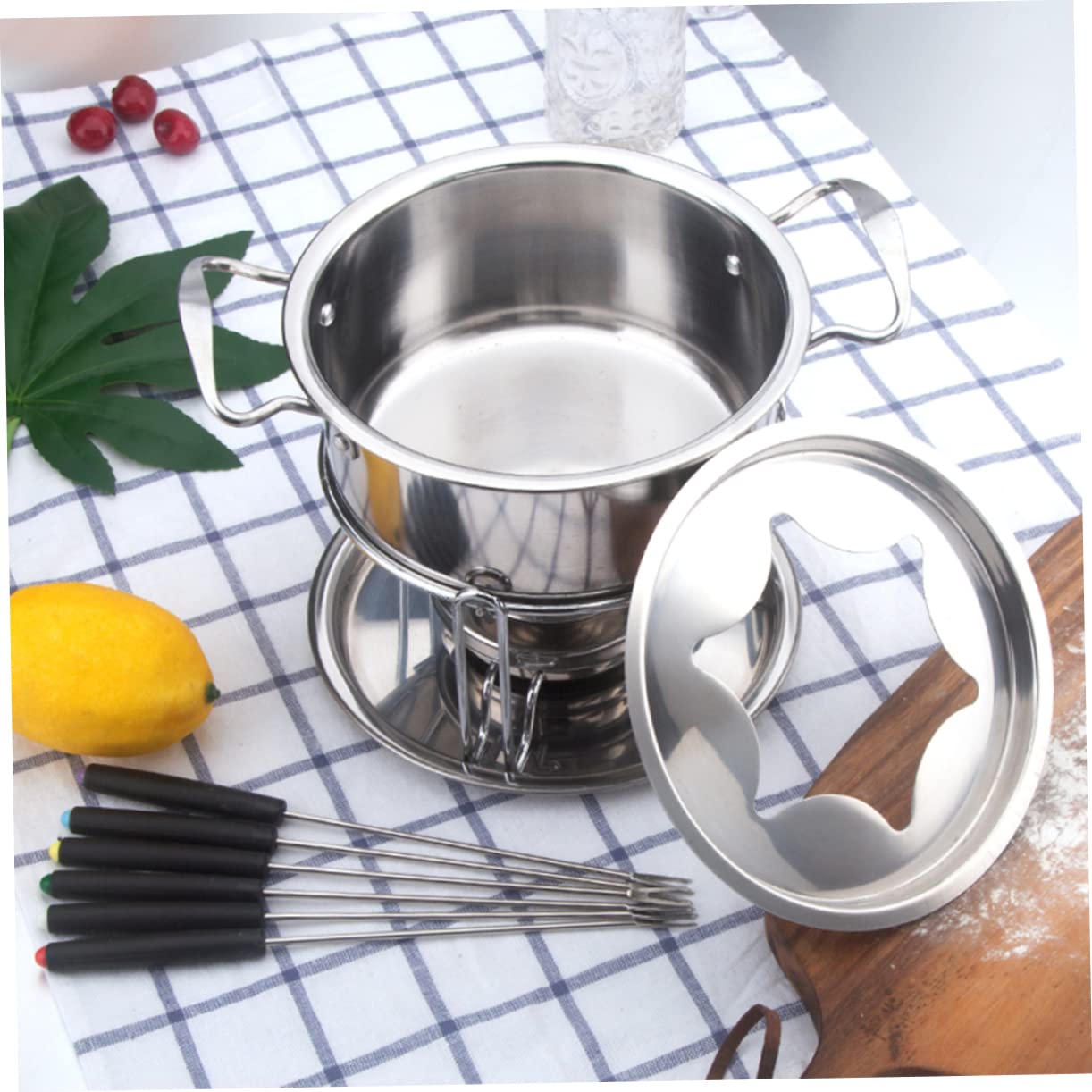 ABOOFAN Stainless Steel Chocolate Melting Pot and Cheese Fondue Set Kitchen Accessory with Splatter Guard and Forks for Chocolate Cheese and Broth Fondue
