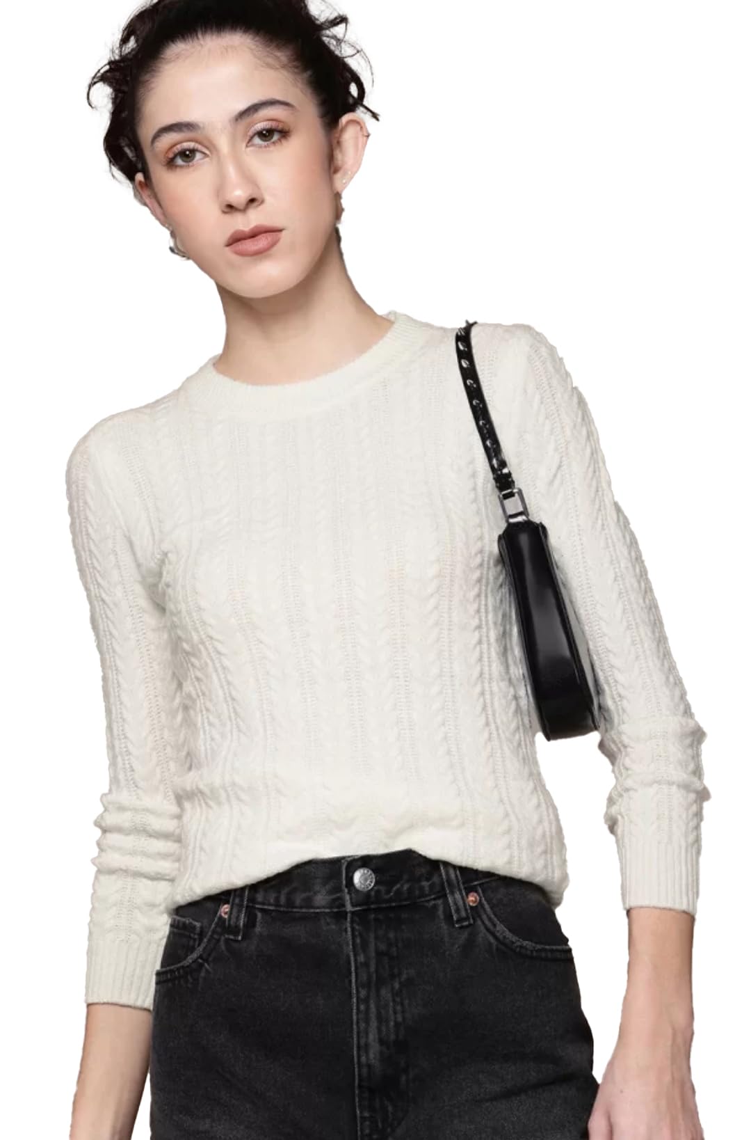 Women's Ribbed Cable-Knit Self Design Long-Sleeve Round Neck Woolen Pullover T-Shirts Top Sweater DN85