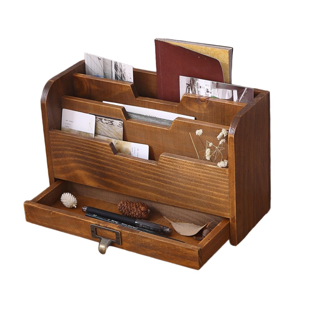 HGUHP wooden desk tidy organiserWooden Desk Organizer with Drawer, 3-tier Large Capacity Letter Rack, Vintage Mail Organizer, Countertop Letter File Tray with Compartments for Home Office Supplies