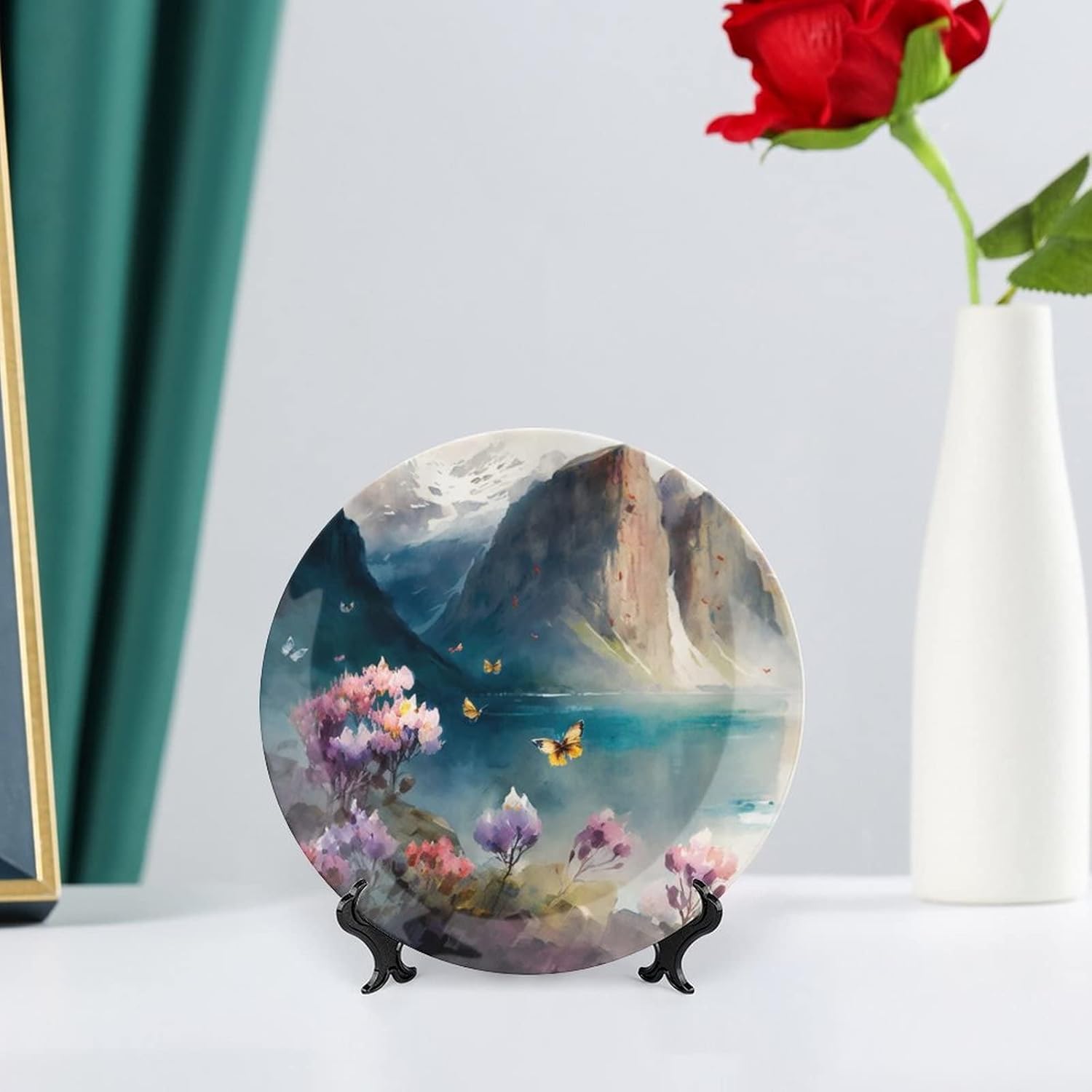 Decorative Plate, Mountain, Flower & Butterfly Art Oil Painting Ornament Display Plate Art Decoration Art Painting for Home Office Party Dinner Table Decor Porcelain Plates 6 Inch, Birthday Gifts