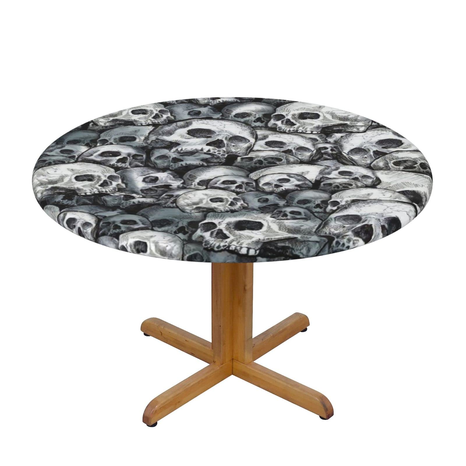 Lsjuee Round Fitted Tablecloth 45-50in Elastic Edged Table Cloth for Kitchen Dining Party Home Decor - Vintage Death Skull White
