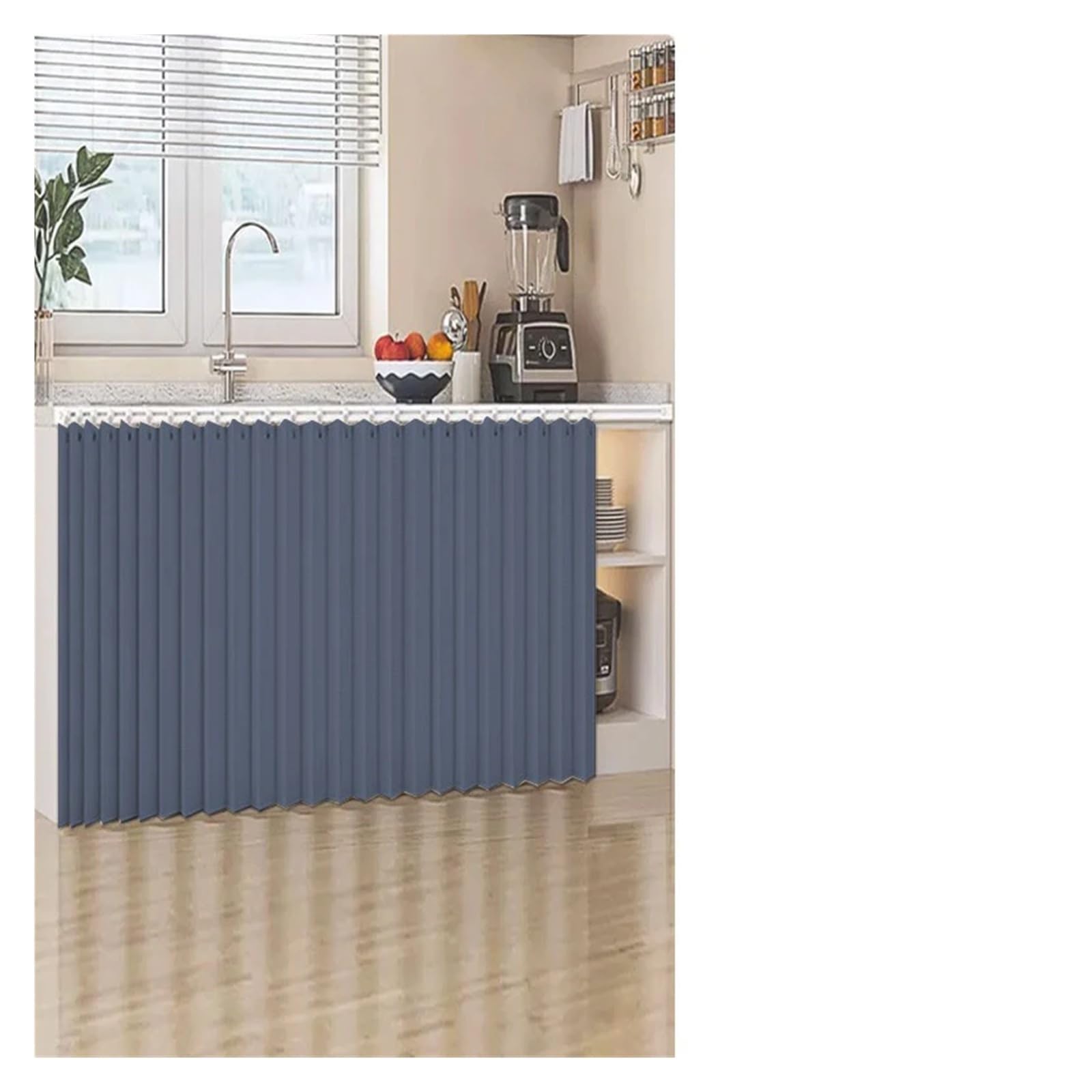 Rideau placard de cuisine pliant bleu sous évier et comptoir