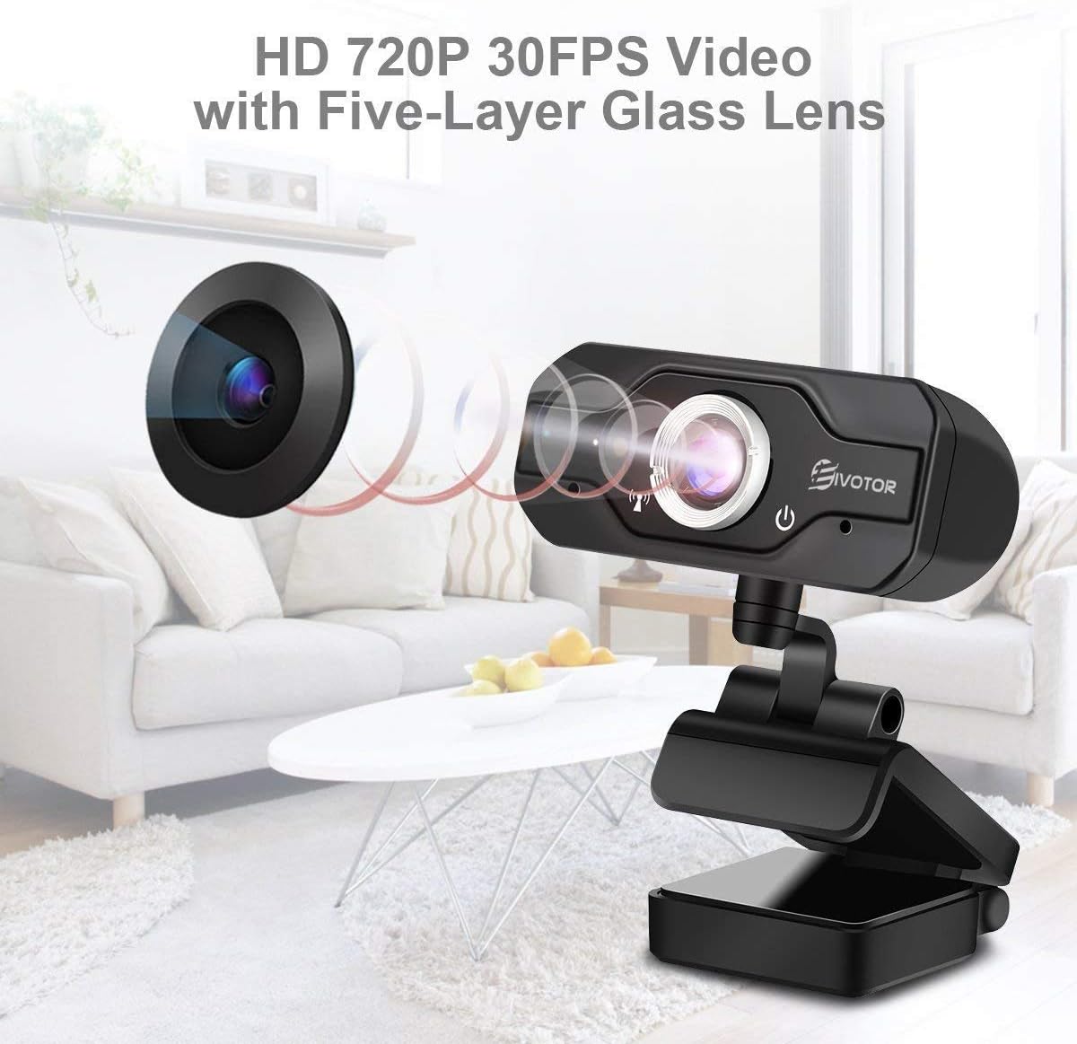 EIVOTOR HD Webcam, PC Webcam 720P USB Mini Computer Camera Built-in Mic, Flexible Rotatable Clip, for Laptops and Desktop, Black