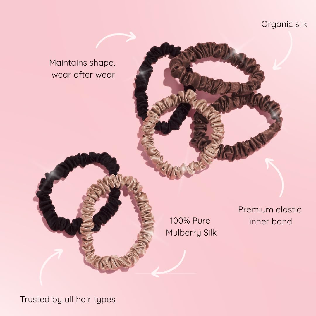 SILKIE Skinny Scrunchies Lot de 4 chouchous élastiques doux pour cheveux anti-casse en 100% pure soie de murier idéal pour tous cheveux bouclés raides épais fin avec pochette de voyage (Truffle)