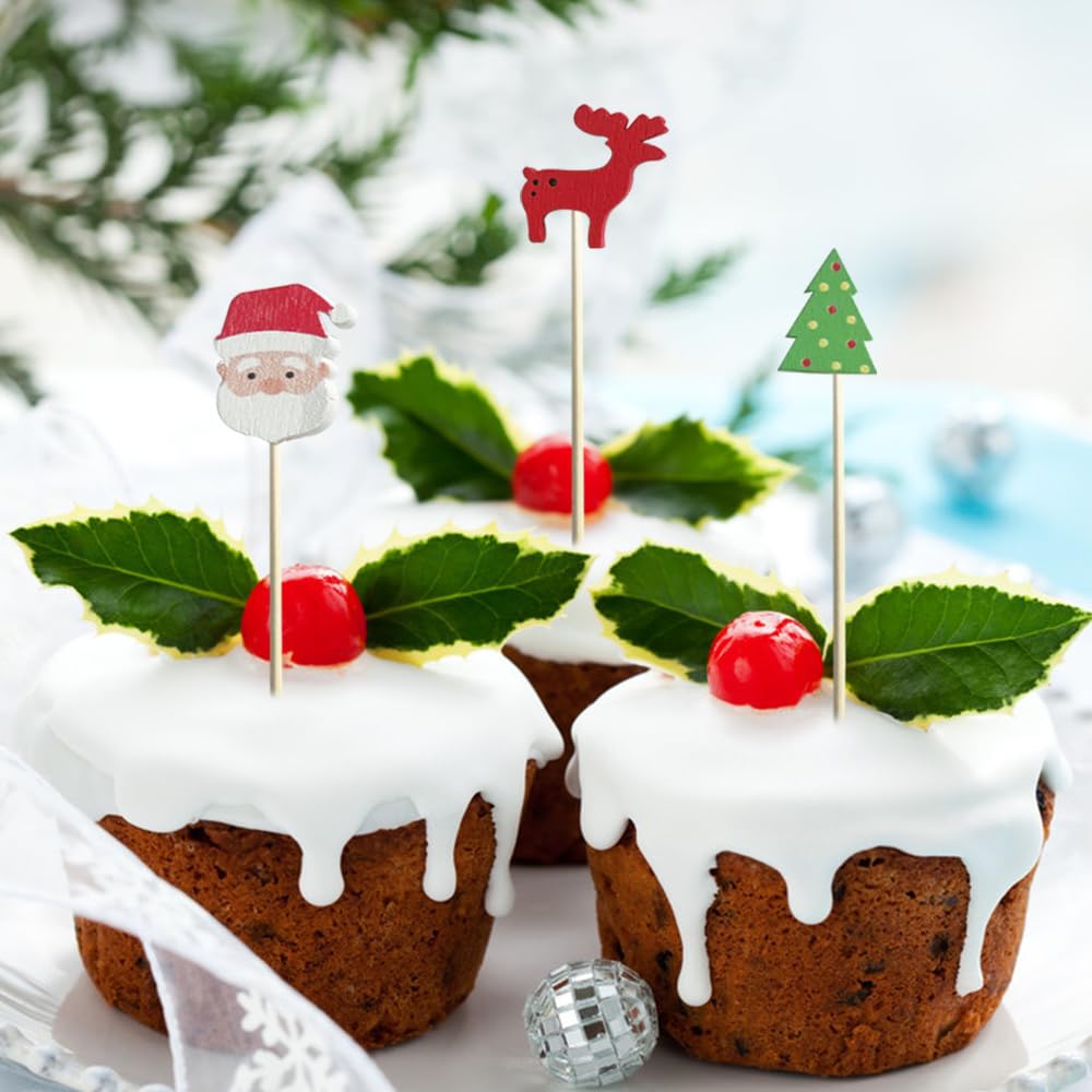 100 stuzzicadenti da cocktail in bambù di Natale Babbo Natale fiocco di