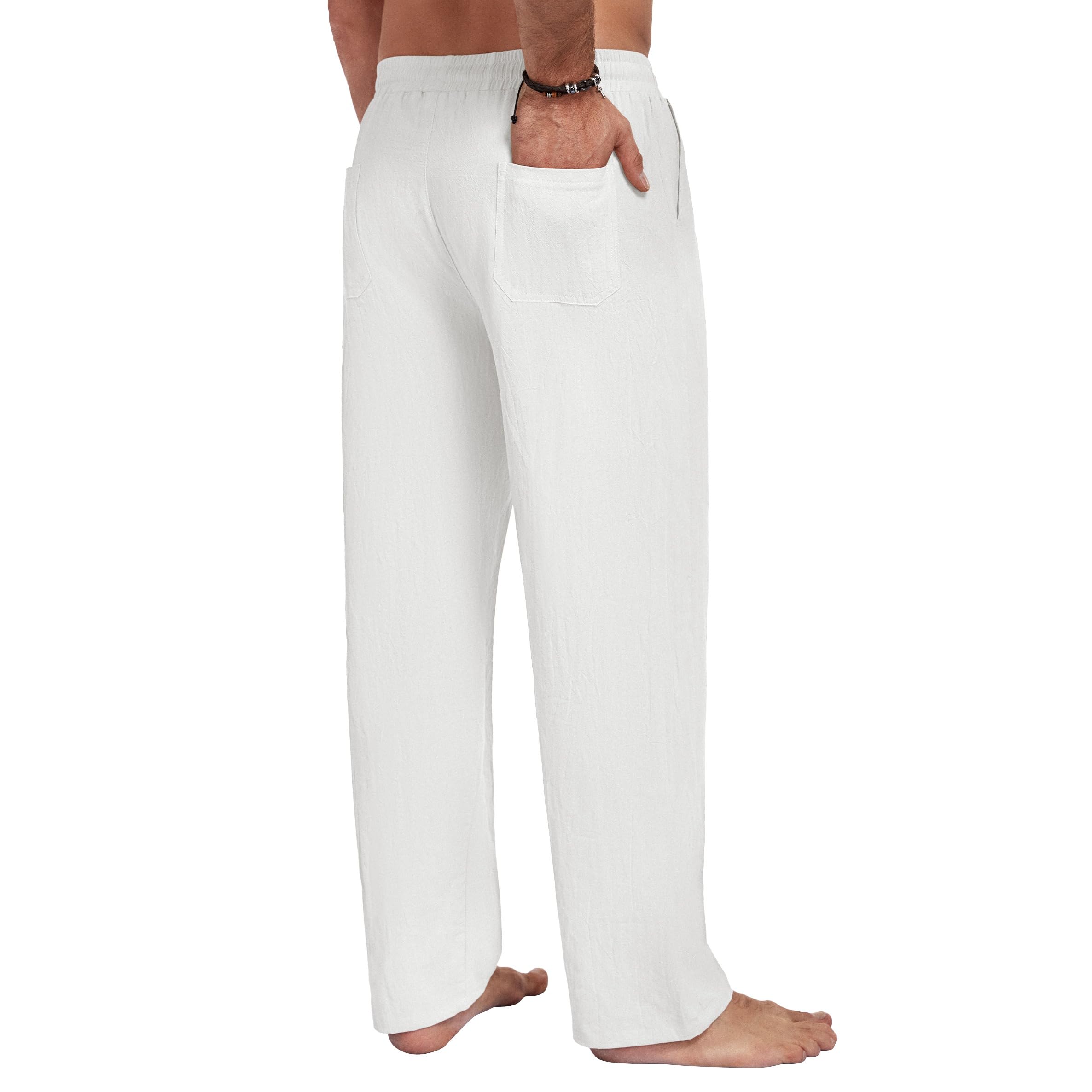 Litthing Pantalones de lino de algodón para hombre, pantalones casuales de verano, ajuste holgado, cintura elástica, pantalones con cordón, pantalones ligeros con bolsillos laterales y traseros para
