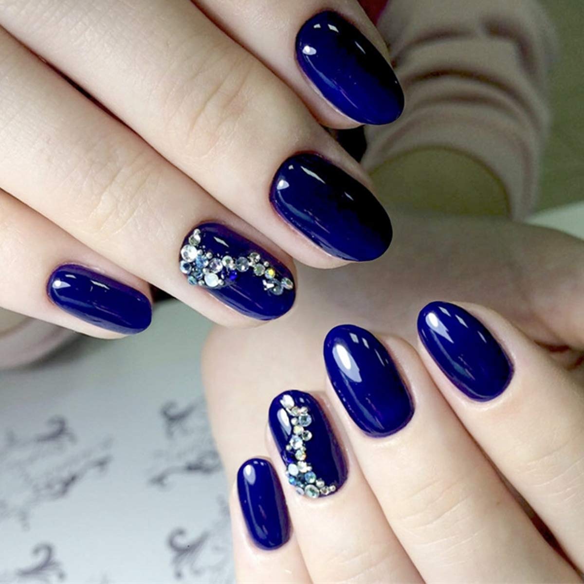 Amazon.com : YERTTER 24pcs Women DIY False Nails with Design Rhinestones  Crystal Fake Nails Acrylic Oval Medium Nails Ballerina Full Cover Nails for  Ladies Nails Salon Art (Blue) : Beauty & Personal