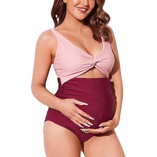 Summer Mae Maternity Cutout One Piece Swimsuit Twist Front Criss-Cross Bathing Suit High Waisted Pregnancy Swimwear