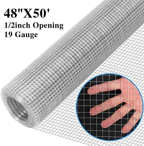48'' x 50' 1/2 inch Hardware Cloth Galvanized Welded Cage Wire, Poultry Enclosure Plant Supports Doors Window Wire Fence Rabbit Chicken Run Fence (48'' x 50')
