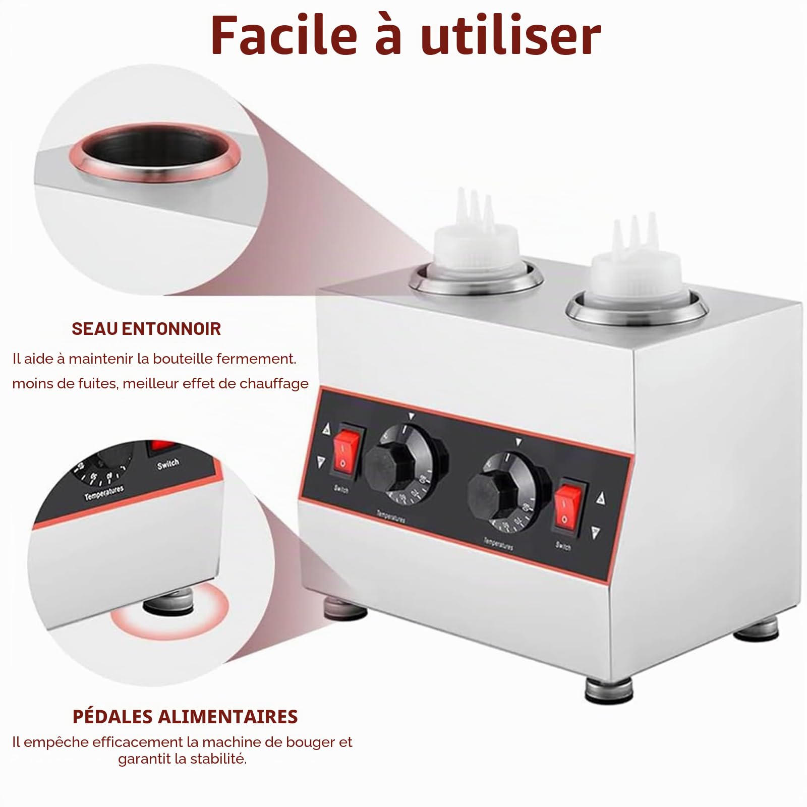 Chauffe-sauce électrique commercial avec 2 bouteilles à presser de 650 ml, distributeur de sauce électrique commercial, à température contrôlée, pour réchauffer le chocolat, le beurre et la confiture
