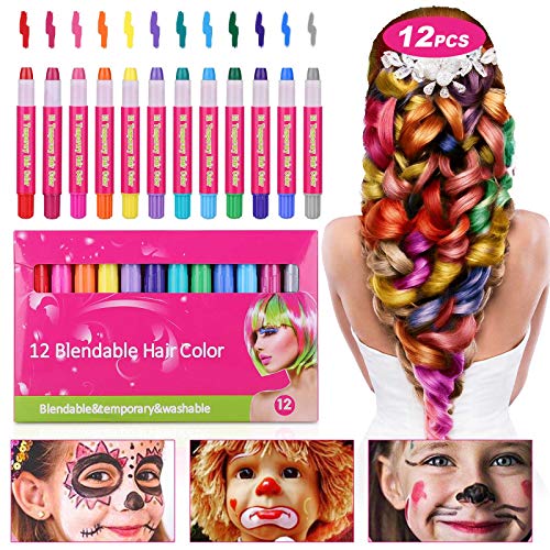 Hair Chalk Pens,Tiaoyeer 12 Colors Temporary Kids Hair Chalk Salon, Non-Toxic Washable Hair Dye Colors for Halloween Christmas Birthday Party, Cosplay, Concert (12 Colors) - Thumbnail 5