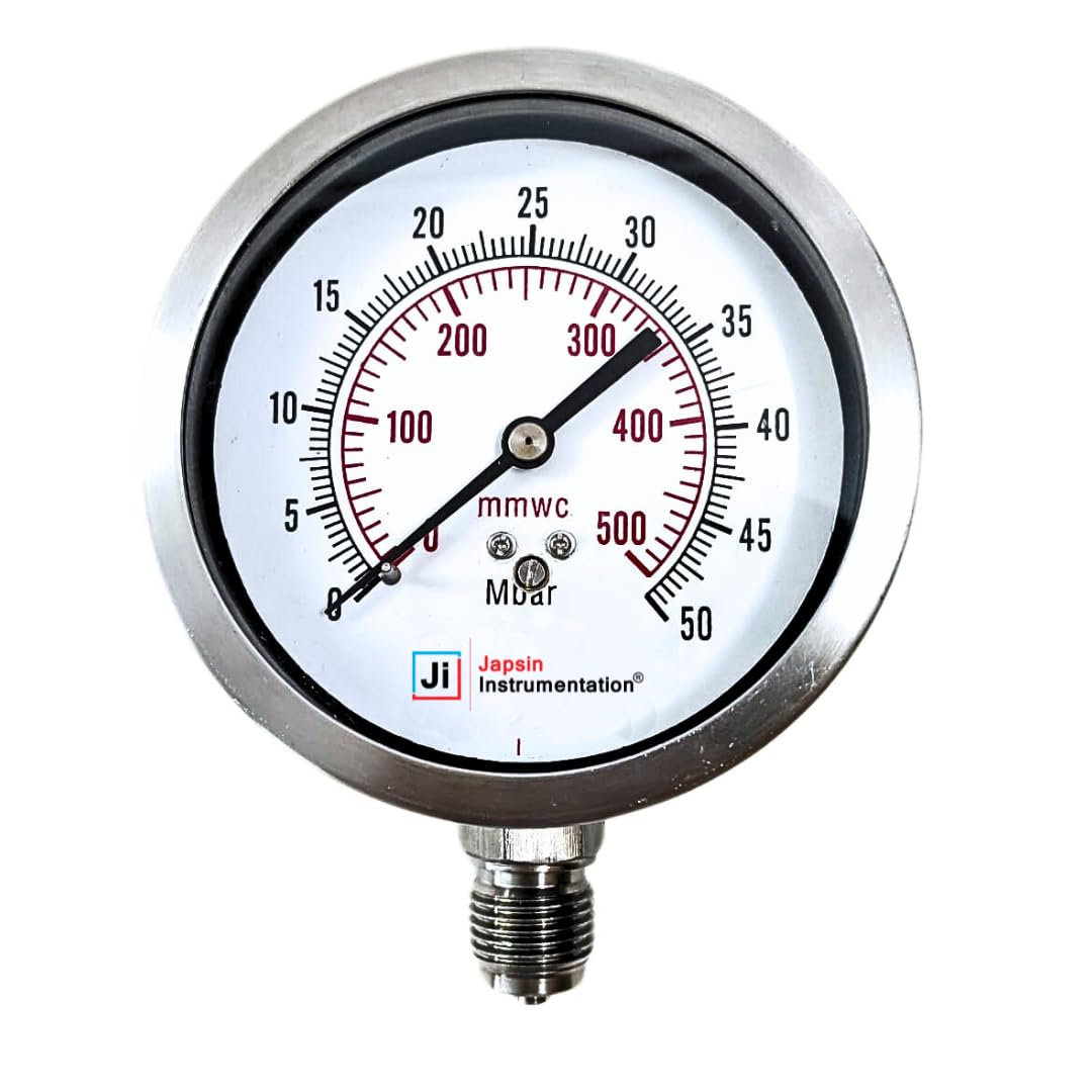 "Ji" Japsin Instrumentation Capsule Pressure Gauge, 4" Dial, Range 0 to 500 mmWc with Dual Scale of 0 to 50 mBar, Direct Mounting Bottom Entry, Connection 1/2" BSP (M), SS Case & SS Wetted Parts-image-5