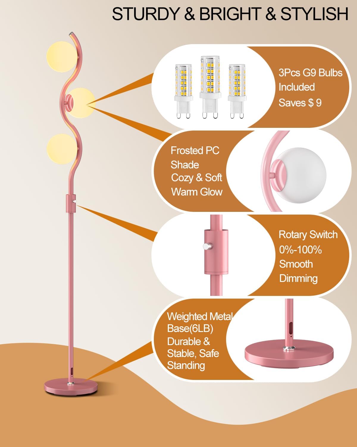 Lightdot 60IN Dimmable Pink Floor Lamp Mid Century Standing Lamps with 3Pcs 3000K Warm White Bulbs Included Dimmable Globe Modern Tall Lamp with Stable Base for Bedroom/Office/Sofa Beside/Corner Decor