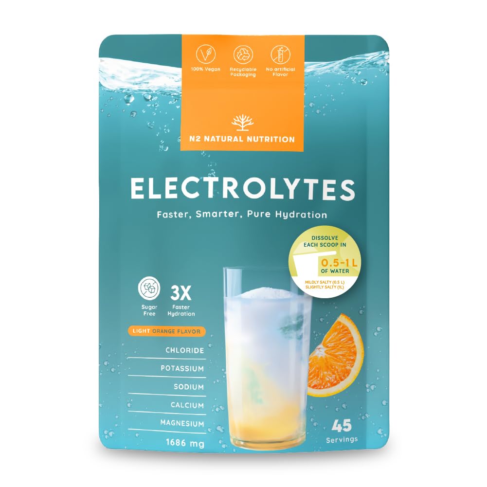 Electrolitos sin azúcar, 1686mg para 45 días de Hidratación. Bebida isótonica con Cloruro, Potasio, Sodio, Calcio y Magnesio. Deportivo, Energético, Vegano, Dieta Keto. N2 Natural Nutrition