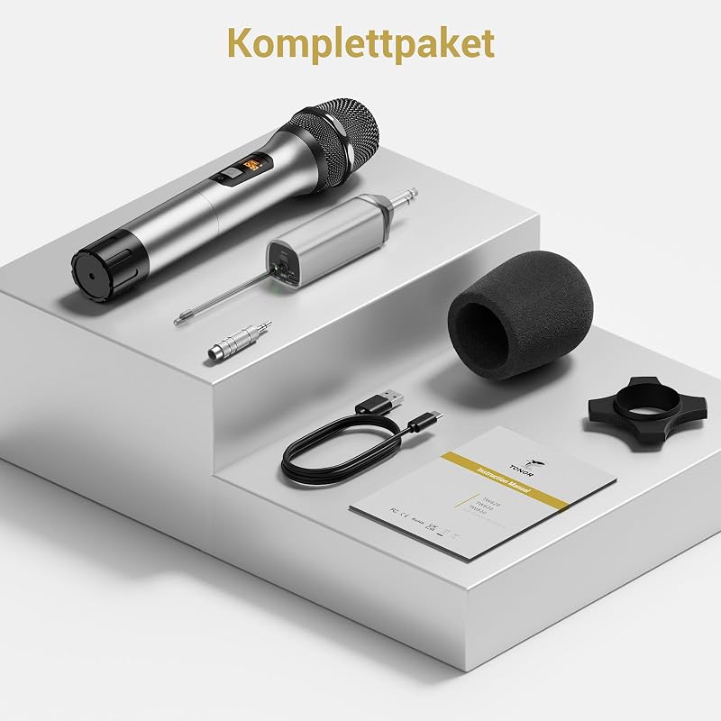 Set microfon wireless UHF portabil din metal TONOR TW620 cu receptor reîncărcabil, rază de acțiune 60 m, ieșire jack 1/4 pentru amplificator karaoke