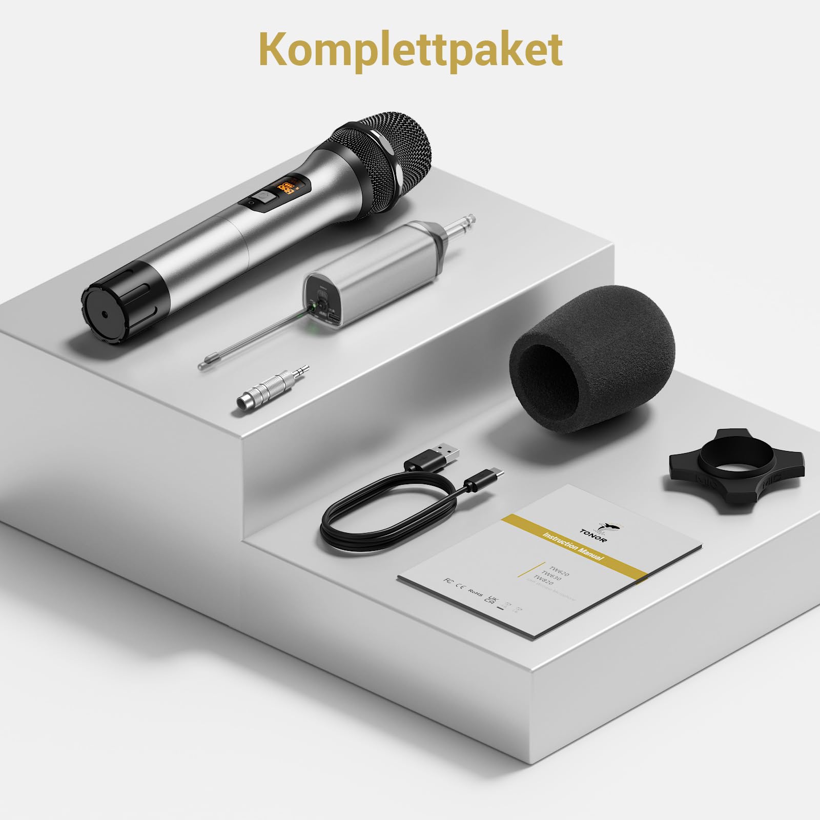 TONOR Wireless Microphone Kabellos, Drahtloses UHF Mikrofon Set für Karaoke 60 m Reichweite, Kabelloses Funk Handmikrofon Dynamisch mit 6,35 Klinke Anschluss für Partybox, DJ, Kirche,TW620, Grau