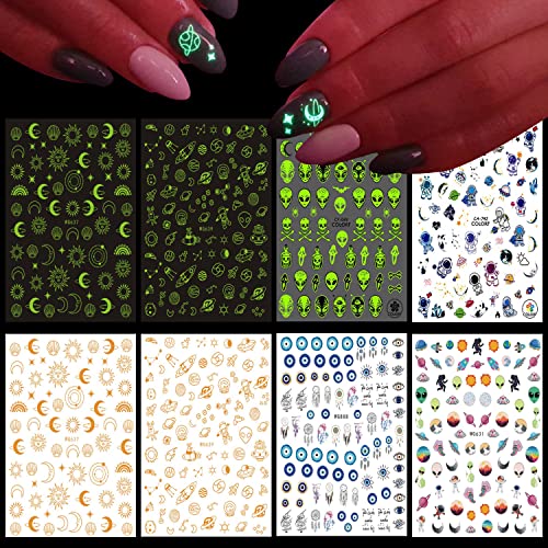 Alien Nail Art Stickers, 3D Planet Astronaut Earth Moon Star Ufo Rocket Nail Transfer Decals, Gold Luminous Nail Self-Adhesive Sticker Designs, Diy Resin Nail Decal Manicure Decorations For Women #TOP6