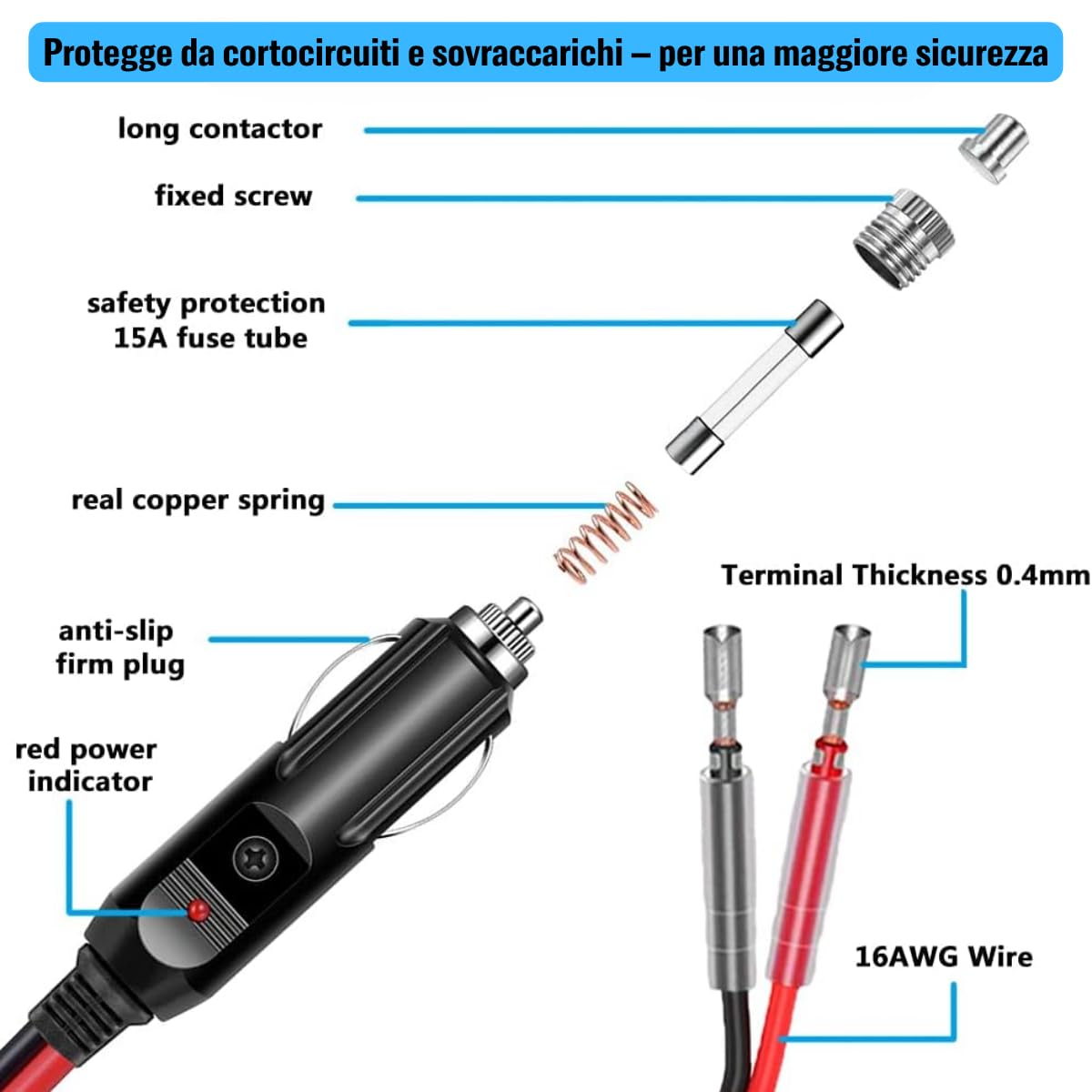 2 Pezzi Spinotto Presa Accendisigari Auto 12V/24V, Adattatore Maschio con Cavo 15CM 16AWG e Fusibile da 15A, Presa Accendisigari Universale per Auto, SUV, Camion, Veicoli DC