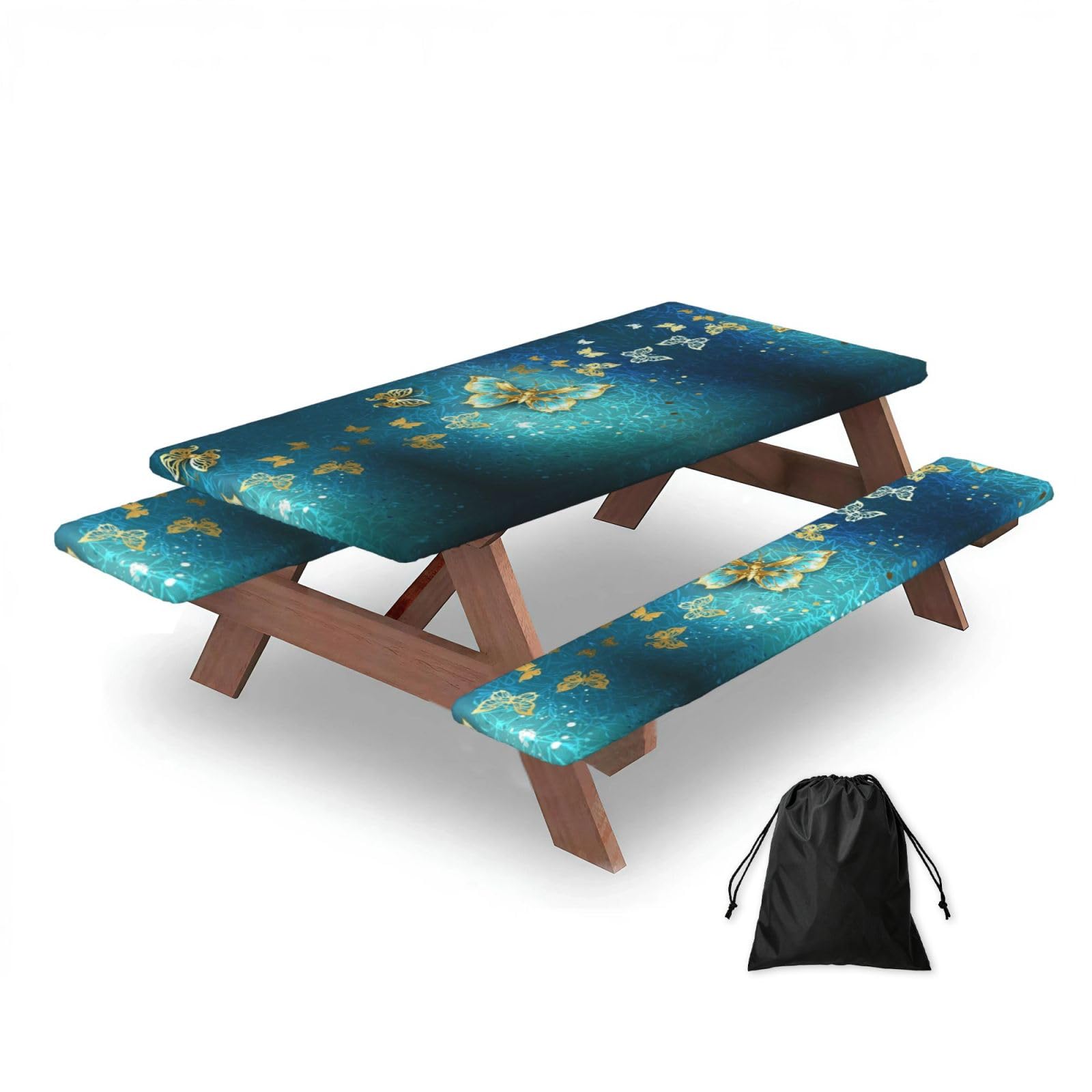 ESNAIUVCD Butterfly Print Picnic Table Cover With Bench Covers,Camping Essentials,Fitted Tablecloth Cover With Elastic Edge, For Indoor & Outdoor 3 Pcs