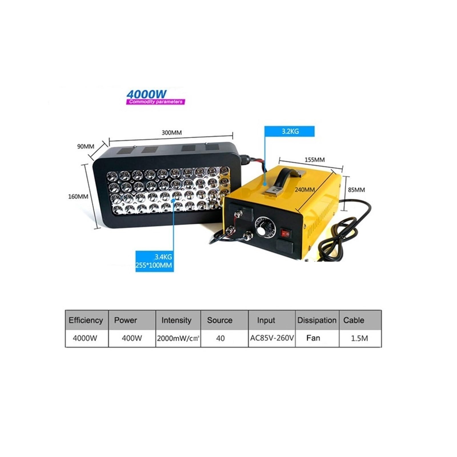 UV Lamp, Lámparas de curado de gel con luces UV de alta potencia de 4000 W, máquina manual, pintura de barniz de longitud de onda, impresión LED 3D de 365NM(1_405nm)