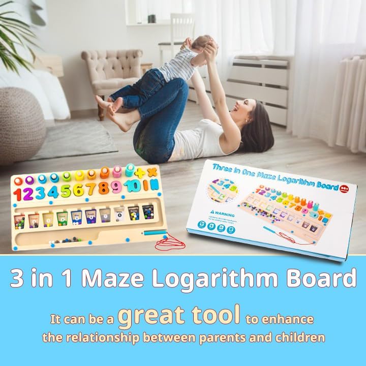 Miniatura 5 de Rompecabezas de madera tres en uno para niños pequeños, tablero de logaritmo de laberinto con bloques de forma matemática, bolígrafo magnético y