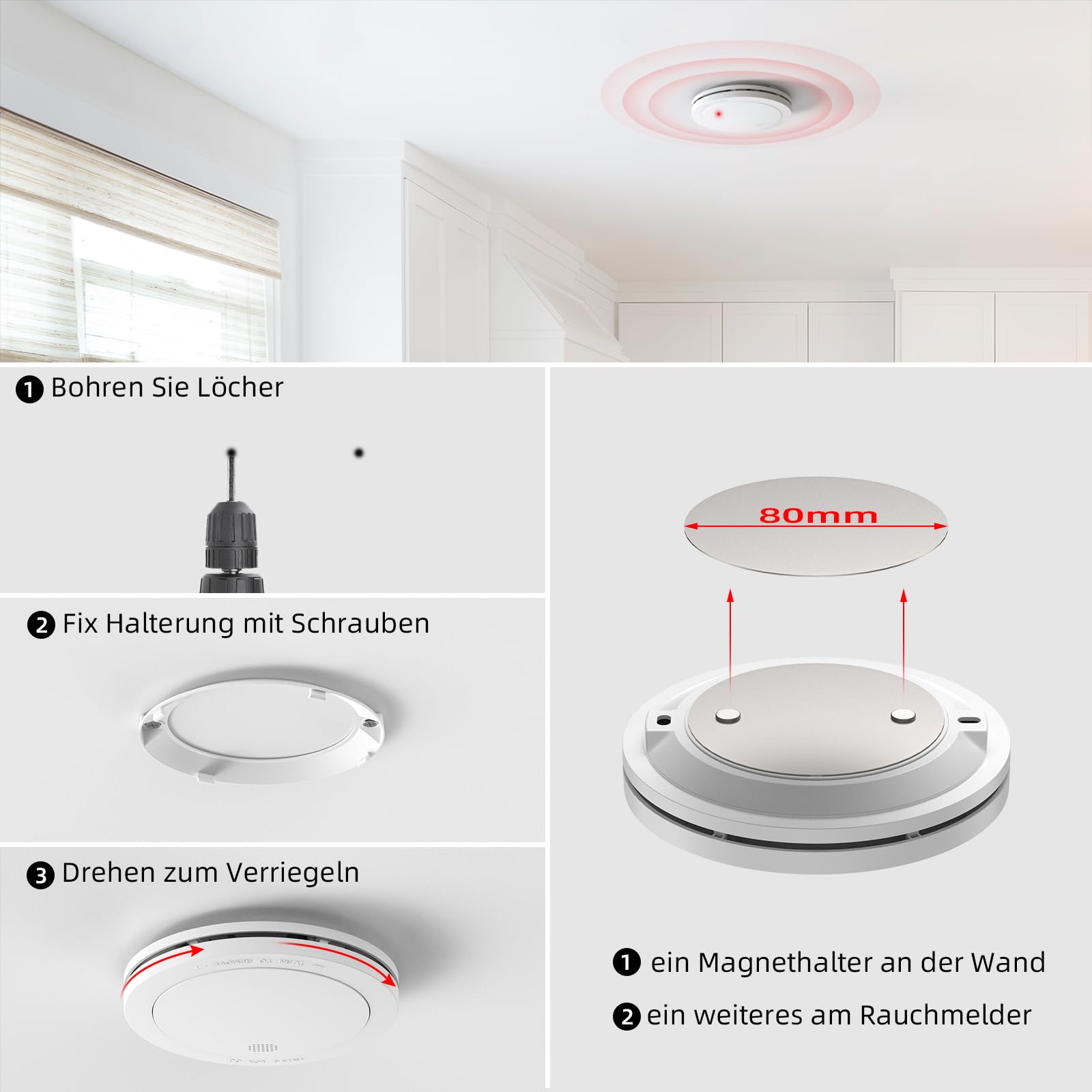 CPVAN Rauchmelder Vernetzt 10 Jahre Batterie mit Magnethalterung, EN14604 Geprüft Funk Feuermelder | Ohne Bohren, Europäischen Norm 85dB Rauchwarnmelder, 6er Set