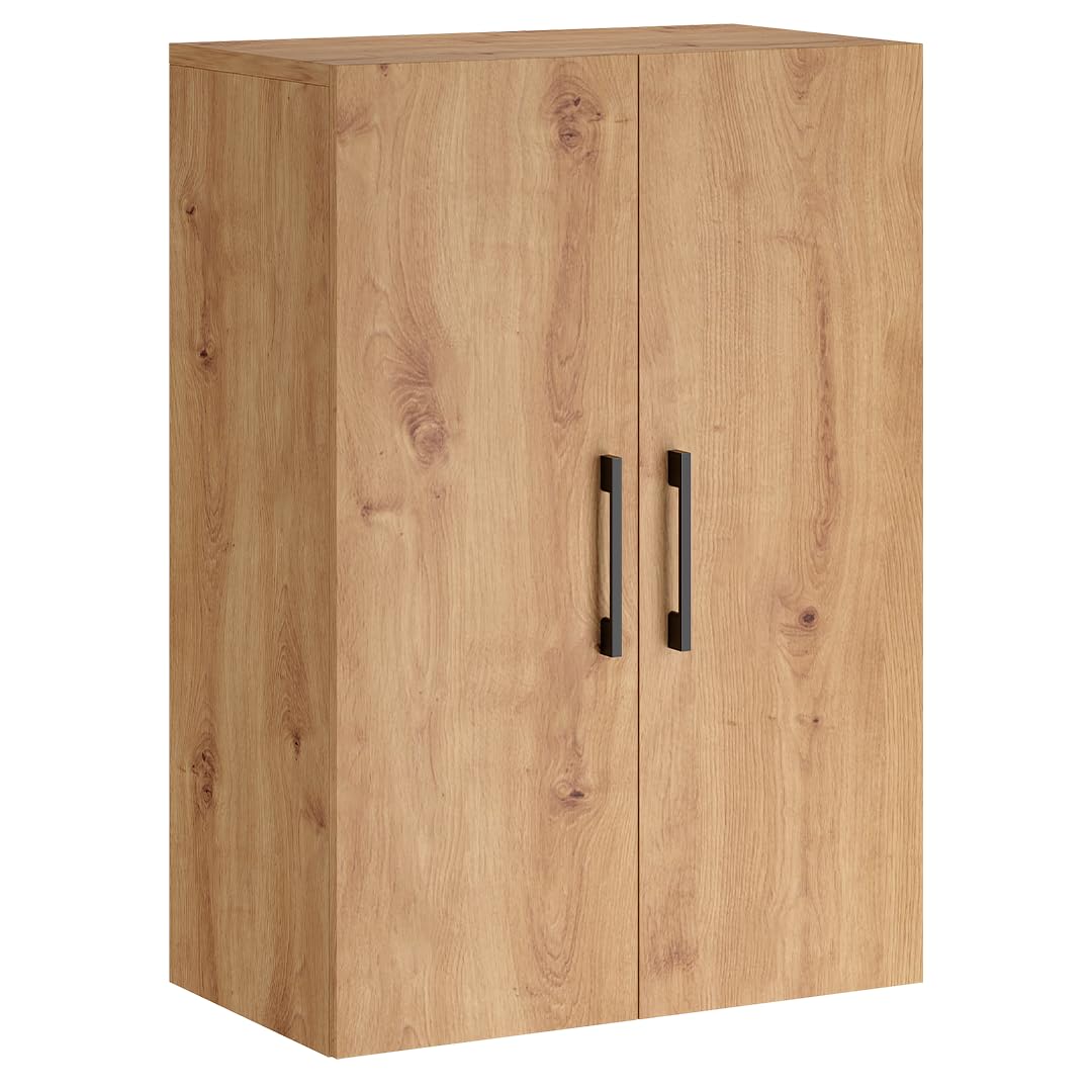 Bellamio Apol Büroschrank 60 cm, mit 3 Fächern, Eichenoptik | Aktenschrank aus Holz, kleines Bücherregal mit 2 Türen für Flur/Wohnzimmer/Büro, Aufbewahrungsschrank