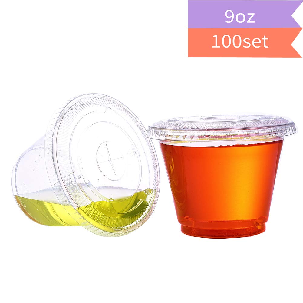 9 oz 100 sets Crystal Clear plastic cups with flat lids-Plastic Portion Cups -PET- Disposable cold drink party cups for Cold Drink / Bubble Boba / Iced Coffee / Tea / Smoothie