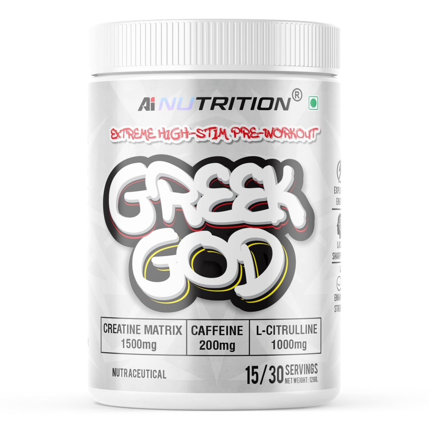 [BRSRECYBDN6AMYLO] Greek God Pre Workout | Extreme High Stim | 200mg Caffeine, 3000mg Beta-Alanine, 1000mg Citrulline, Black Pepper Extract | Explosive Energy & Focus (15 Servings, Mango Strawberry)