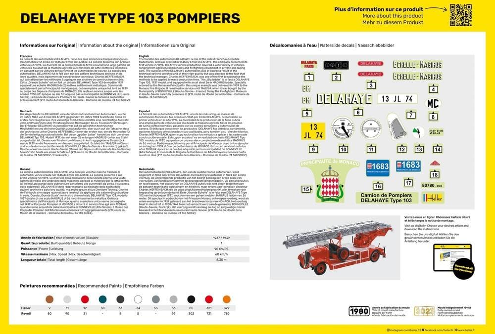 Heller - 80780 - Maquette - Camion de Pompier Delahaye Type 103 - Bonneville