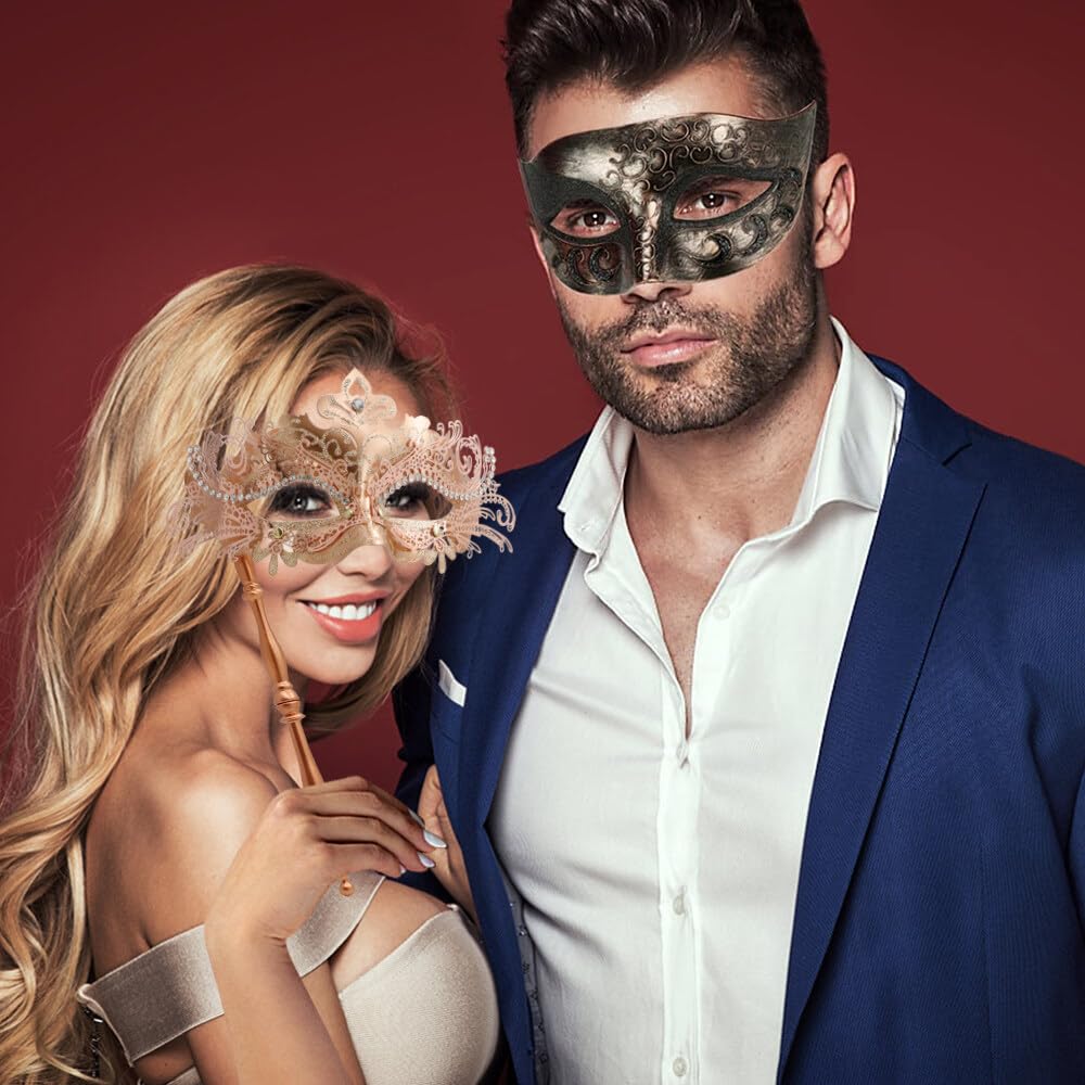 Coddsmz Couple Masquerade Mask Set including Stick Venetian Halloween Costume Mask Mardi Gras Mask for Women Men Party 17YJZJE4403KG7WMV - Image 2