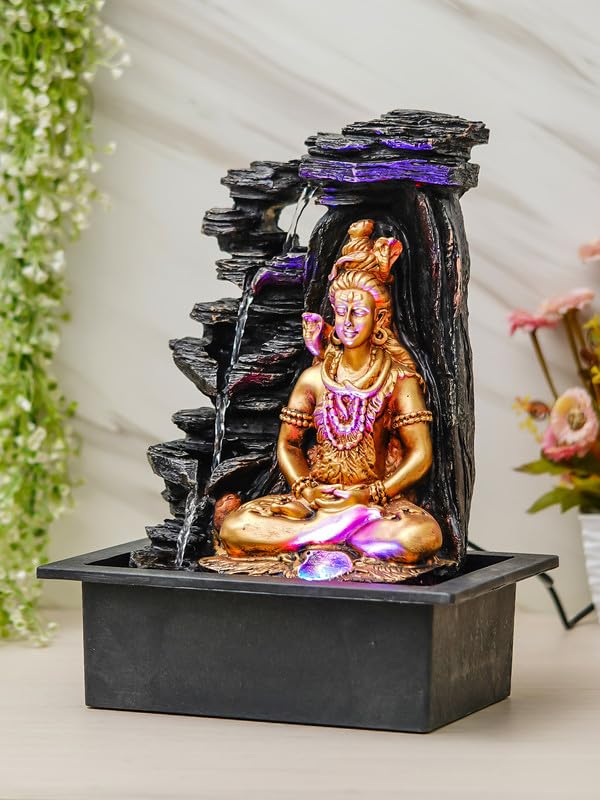 Image of Golden Brown Polyresin Tabletop Lord Shiv 4 Step Indoor Water Fountain for Home Decor with LED, Speed Control Pump (Size: 29 x 22 x 40 CM | Weight: 1780Gram)