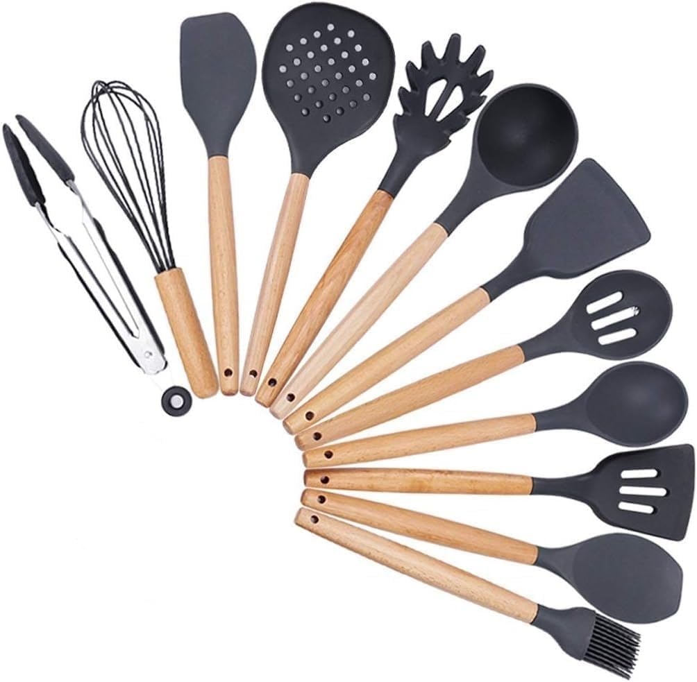 Utensilien-Set, Küchenutensilien-Set mit Silikon-Kochutensilien – 12 Küchenutensilien-Set aus natürlichem Holz aus Silikon – Silikon-Utensilien-Set, Spatel-Set – Silikon-Utensilien, Kochutensilien