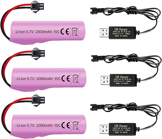 sea jump 3PCS 3.7V 2000mah SM-2P Plug Lithium Battery with USB Charging Cable for DE68 DE44 DE45W DE45 DE58 DE49 DE57 DE70 Off-Road Vehicle Truck Tank RC Remote Control Toy Car Battery