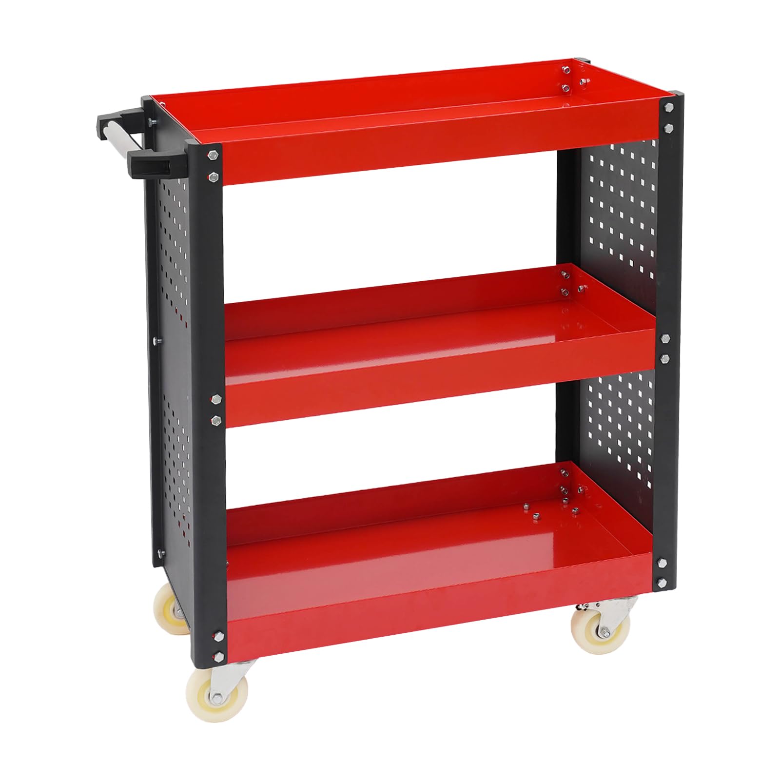 Carrello portautensili a 3 livelli in acciaio con ruote e parete forata | 3 ripiani, 4 ruote, 2 freni di stazionamento, maniglia laterale, 86,95 x 39 x 98,75 cm, officina, garage, magazzino